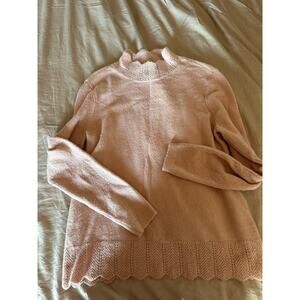 Liz Claiborne Career Pink Pointelle Knit Sweater Scalloped Hem Mock Neck Size L